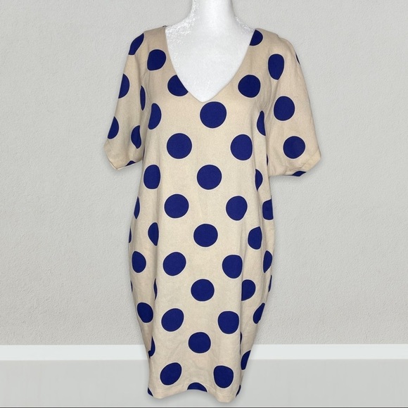NWT Whisper Size S Dress Shift V Neck Big Dot Beige Blue Fully Lined Retro - Picture 1 of 11